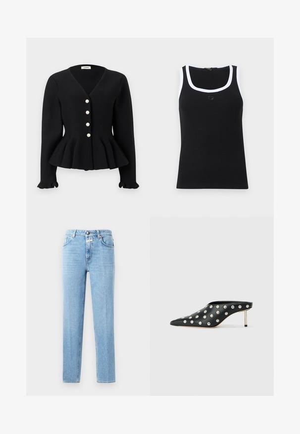 Zwarte geribbelde cardigan met lange mouwen, V-hals, uitlopende taille, geribbelde manchetten en vier parelknopen aan de voorkant.; Zwarte geribbelde tanktop met witte rand rond de halslijn en armgaten, met een klein geborduurd hartje midden op de borst.; Lichtblauwe denim jeans met een rechte pijp, vijf-pocket ontwerp en metalen knoopsluiting. Gelaagd stof met minimale vervaging.; STAND STUDIO KELSEY - Muiltjes met hak - black