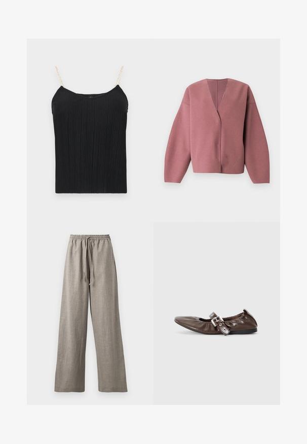 Cárdigan rosa intenso con cuello en v, mangas largas y anchas, y un ajuste relajado, confeccionado con una tela suave y texturizada, ideal para superponer.; Top de camiseta sin mangas negro con textura acanalada y tirantes delgados, similares a cadenas. La tela tiene un acabado ligeramente texturizado, ofreciendo una silueta ajustada.; Pantalones de pierna ancha en gris claro, confeccionados con un tejido texturizado, con una cintura elástica y cordón ajustable para un ajuste personalizable.; Zapato plano de charol marrón con puntera puntiaguda, detalle de lazo elástico y un acento de hebilla plateada en el costado. Suela de goma negra.
