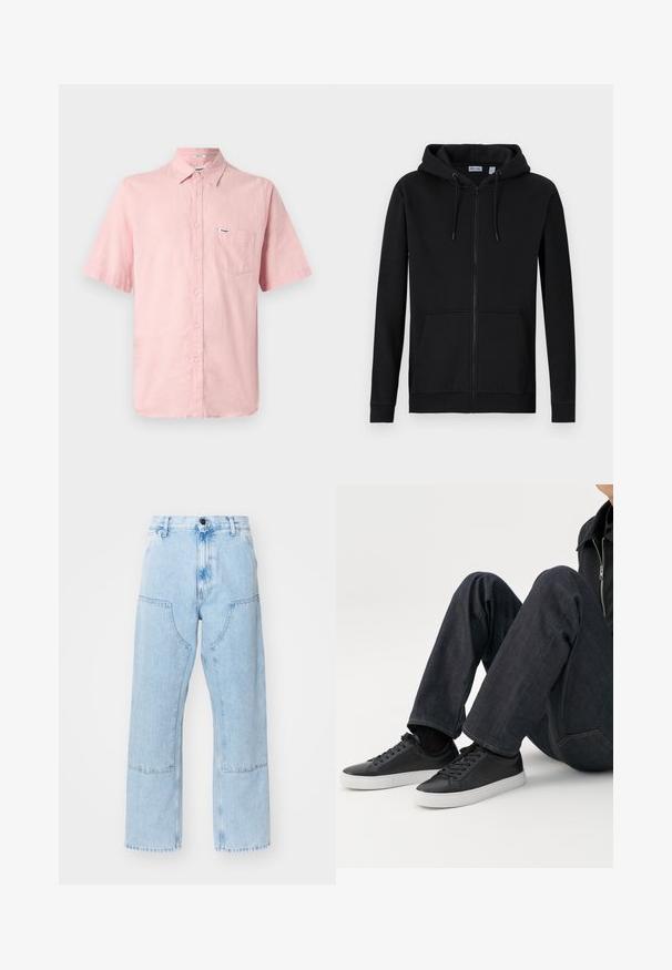 Sudadera con cremallera negra hecha de una mezcla de algodón. Cuenta con una capucha ajustable, bolsillos delanteros y puños y dobladillo de canalé. Textura suave.; Camisa de manga corta, con botones, en lino de color rosa claro, con un bolsillo frontal y una pequeña etiqueta de marca en el pecho. Diseño con cuello.; Jean de mezclilla de pierna recta en azul claro, con grandes bolsillos frontales y costuras en contraste. La tela tiene una textura desvaída y suave.; Persona sentada con las piernas dobladas, vistiendo vaqueros azul oscuro y zapatillas bajas negras con suelas blancas sobre un fondo blanco.