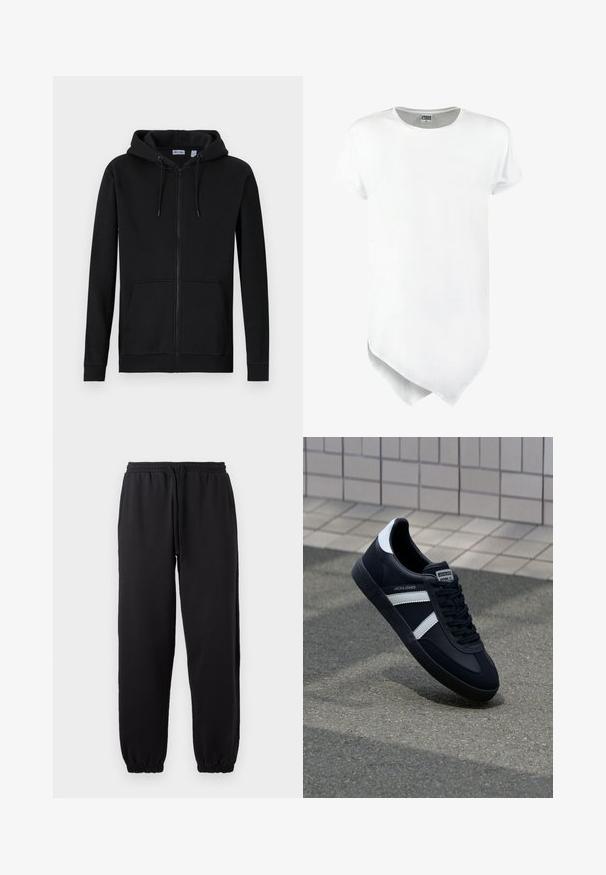 Sort zip-up hættejakke lavet af en bomuldsblanding. Har en hætte med snoretræk, frontlommer og ribbede manchetter og kant. Glat tekstur.; Kortærmet hvid t-shirt med rund halsudskæring og en asymmetrisk nederste kant, lavet af bomuldsblanding med en glat tekstur.; Sorte joggingbukser lavet af blødt stof, med elastisk talje og justerbar snor, samt manchetter ved bunden.; Sort lædersneaker med hvide striber, tekstureret gummisål og snørrebånd foran. Har et brandet mærke på tungen.