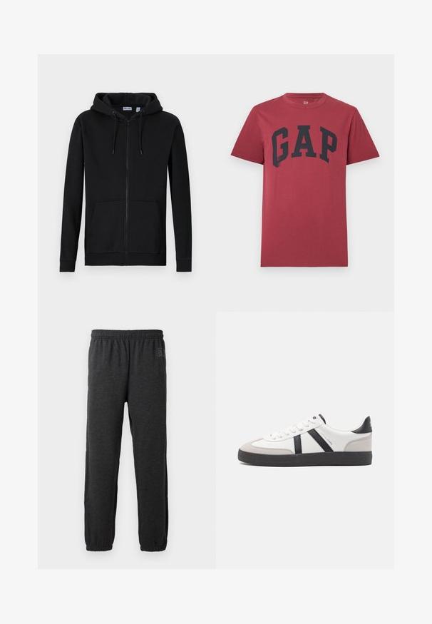 Sort zip-up hættejakke lavet af en bomuldsblanding. Har en hætte med snoretræk, frontlommer og ribbede manchetter og kant. Glat tekstur.; Rød kortærmet t-shirt med rund hals og stor sort "GAP"-tekst centreret på brystet.; Grå sweatpants lavet af blødt stof, med elastisk talje og indsnævrede ben med elastiske manchetter. Subtilt logo detalje på det ene ben.; Hvide sneakers med sorte og grå detaljer, med en tekstureret grå tåhætte, sort gummisål og flade hvide snørebånd. Rent design, minimalistisk stil.
