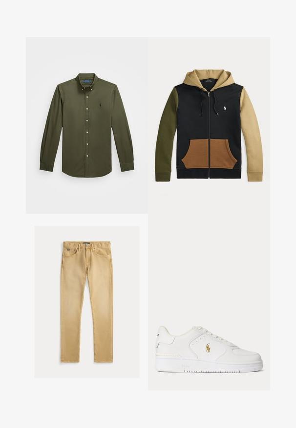 Kapuzenpullover mit Reißverschluss, schwarzem Körper, olivgrünem linkem Ärmel, beigem rechtem Ärmel und Kapuze, braunen Fronttaschen und weißem Polo Ralph Lauren-Logo auf der Brust.; Langärmliges, olivgrünes Hemd aus Baumwolle mit Knopfleiste. Verfügt über ein kleines gesticktes Logo auf der Brust, einen klassischen Kragen und Knopfdetails.; Beige Baumwolljeans mit schlanker Passform, fünf Taschen-Design und sichtbaren Nähten. Verfügt über einen Metallknopf und ein Etikett am Bund.; Weißer Leder-Sneaker mit niedrigem Schnitt, weißen Schnürsenkeln und einem goldfarbenen Polo Ralph Lauren-Logo an der Seite sowie "Polo" auf der Sohle geprägt.