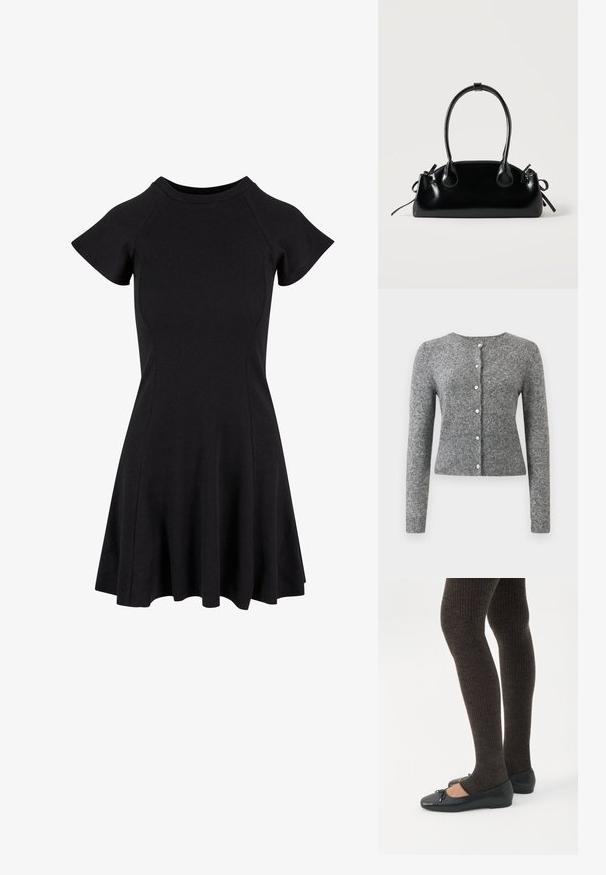 Cardigan en tricot gris avec manches longues, col rond et patte à six boutons. Présente un ourlet côtelé et une texture tout au long du tissu.; Robe noire à manches courtes avec un corsage ajusté et une jupe évasée, réalisée dans un tissu lisse et extensible. Design simple sans motifs ni accents.; Jambes portant des leggings côtelés foncés associés à des ballerines noires avec de petits détails en nœud sur fond blanc.; Petit sac à main noir brillant avec deux longues anses et des détails à cordon sur les côtés sur un fond clair uni.