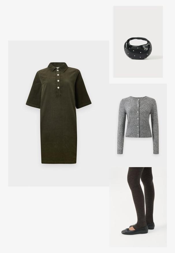 Grå strik cardigan med lange ærmer, rund halsudskæring og seks knapper. Har en ribbet kant og struktur i hele stoffet.; Mørkegrødt kordkjole med korte ærmer, krave og fire sølvknapper ned ad fronten.; Ben iført mørke ribbede leggings kombineret med sorte balletsko med små sløjfedetaljer på hvid baggrund.; Sort læderhåndtaske med en rundet form, dekoreret med sølvnitter, og et kort håndtag. Glat tekstur og lynlåslukning.