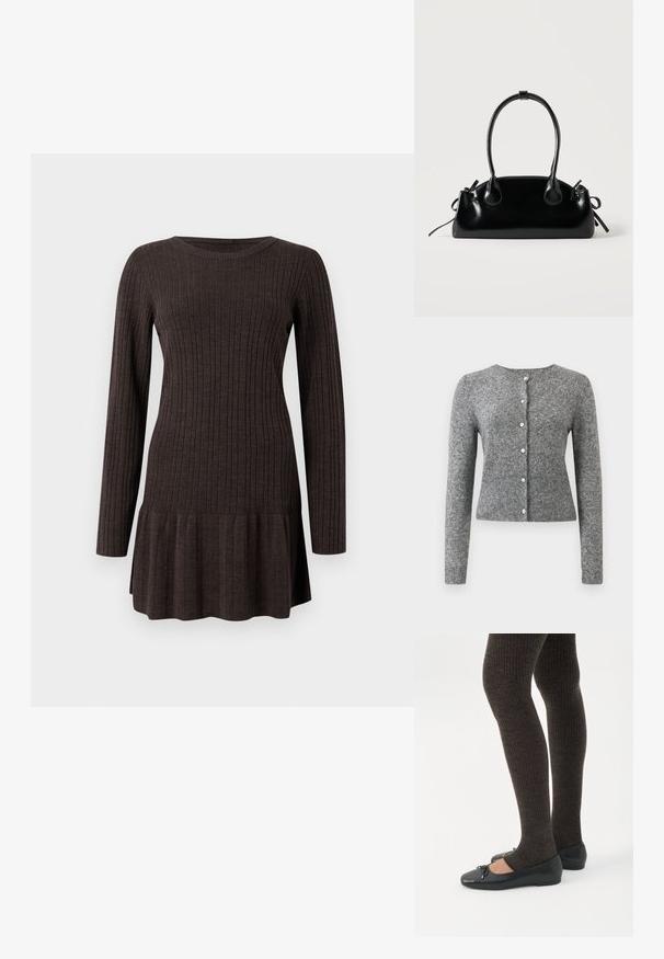 Grå strik cardigan med lange ærmer, rund halsudskæring og seks knapper. Har en ribbet kant og struktur i hele stoffet.; Ribbet brun kjole med lange ærmer, der har en flagrende kant. Lavet af et blødt, tekstureret materiale, der giver en tætsiddende silhuet.; Ben iført mørke ribbede leggings kombineret med sorte balletsko med små sløjfedetaljer på hvid baggrund.; Lille sort blank håndtaske med to lange håndtag og snøre-detaljer i siden på en ensfarvet lys baggrund.