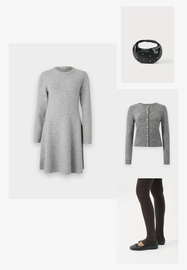 Cárdigan de punto gris con mangas largas, escote redondo y una tapeta de seis botones. Presenta un dobladillo acanalado y textura en toda la tela.; Vestido largo gris de manga larga hecho de una tela suave; presenta un escote redondo y un corte relajado, con un leve aumento en el dobladillo y aberturas laterales.; Piernas con leggings oscuros acanalados combinados con bailarinas negras que presentan pequeños detalles de lazo sobre un fondo blanco.; Bolso de mano de cuero negro con forma redondeada, decorado con detalles de tachuelas plateadas y un asa corta. Textura lisa y cierre con cremallera.