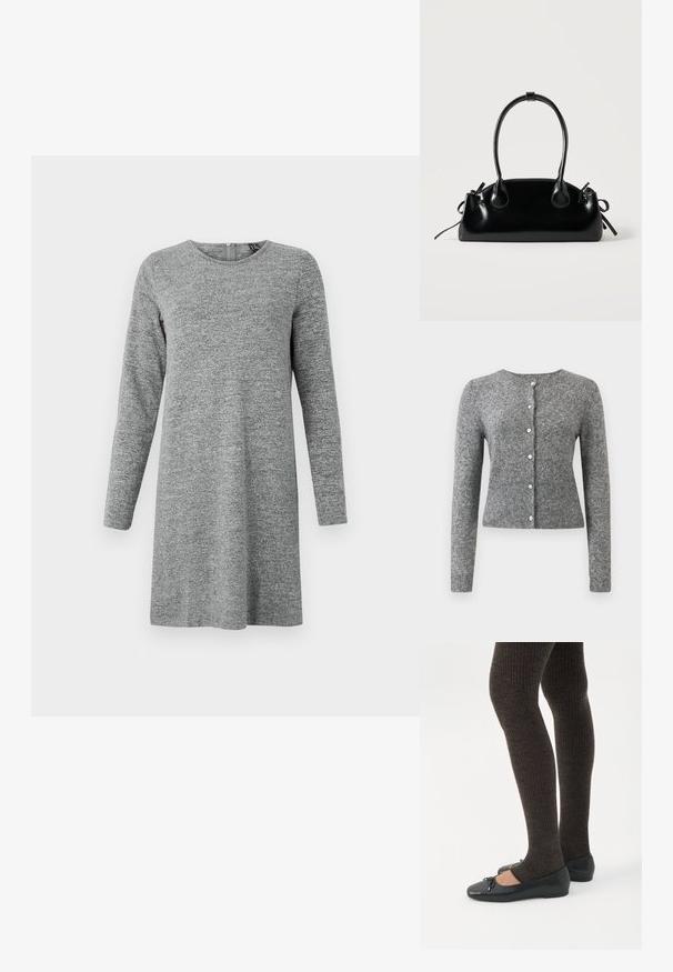 Cardigan en tricot gris avec manches longues, col rond et patte à six boutons. Présente un ourlet côtelé et une texture tout au long du tissu.; Robe en maille à manches longues, gris clair, avec un col rond et une fermeture éclair dans le dos.; Jambes portant des leggings côtelés foncés associés à des ballerines noires avec de petits détails en nœud sur fond blanc.; Petit sac à main noir brillant avec deux longues anses et des détails à cordon sur les côtés sur un fond clair uni.