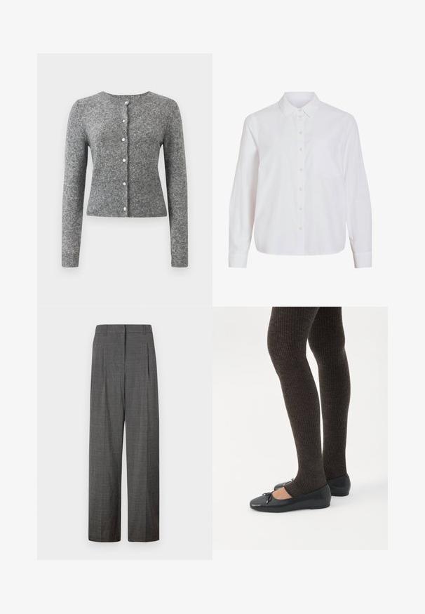 Cárdigan de punto gris con mangas largas, escote redondo y una tapeta de seis botones. Presenta un dobladillo acanalado y textura en toda la tela.; Camisa blanca de manga larga, con cierre de botones en la parte delantera, cuello clásico, un bolsillo en el pecho, confeccionada con una tela lisa y ligera, con un ajuste relajado.; Vero Moda VMSIKITA WIDE DAD PANT - Pantalones - medium grey/black; Piernas con leggings oscuros acanalados combinados con bailarinas negras que presentan pequeños detalles de lazo sobre un fondo blanco.