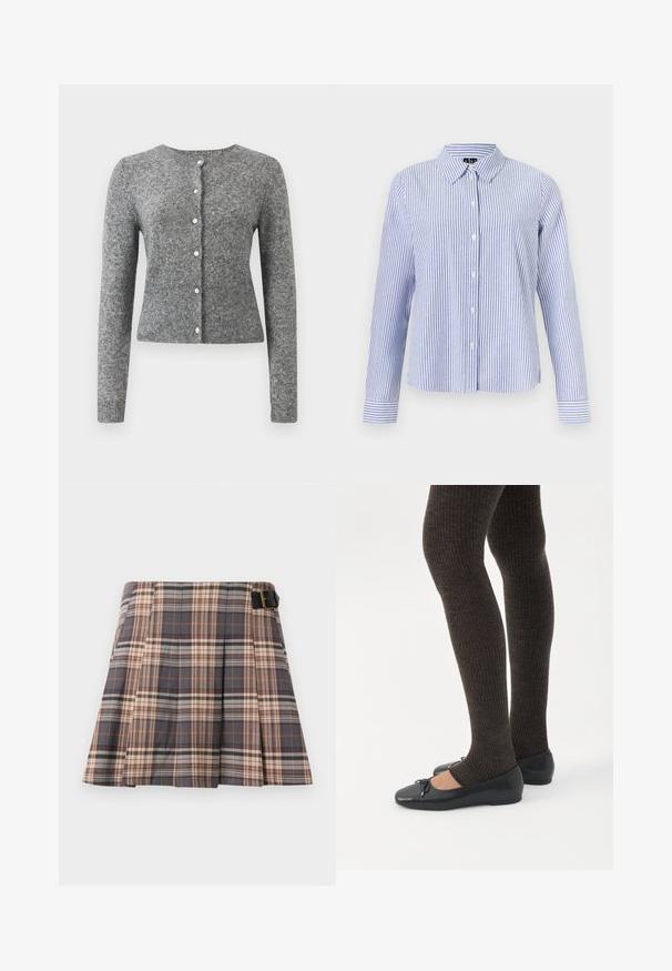 Grå strik cardigan med lange ærmer, rund halsudskæring og seks knapper. Har en ribbet kant og struktur i hele stoffet.; Langærmet skjorte med knapper med hvide og lyseblå lodrette striber og en spids krave vist på en ensfarvet baggrund.; Rutig nederdel i grå, beige og rustfarver; har plisseringer, en spænde detalje og et struktureret design. Fremstillet af et vævet stof.; Ben iført mørke ribbede leggings kombineret med sorte balletsko med små sløjfedetaljer på hvid baggrund.