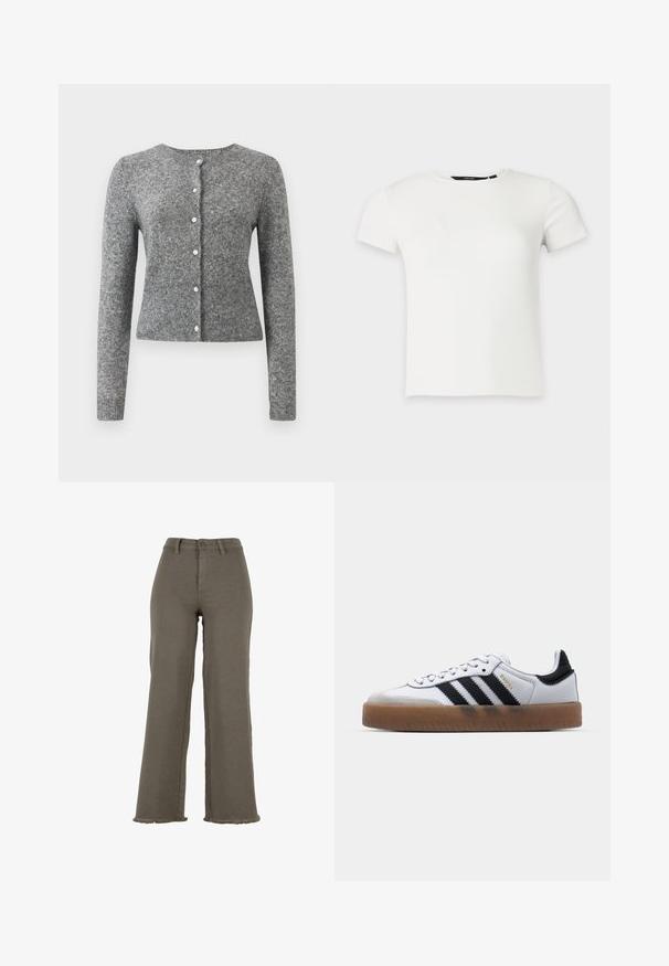 Grauer Strickcardigan mit langen Ärmeln, rundem Ausschnitt und sechs Knopfleisten. Mit einem gerippten Saum und Struktur im gesamten Stoff.; Weißes kurzärmeliges, geripptes Strick-T-Shirt mit Rundhalsausschnitt, dargestellt vor einem schlichten hellgrauen Hintergrund.; Weit geschnittene Hosen mit hoher Taille in Olivgrün mit Knopf- und Reißverschluss, Gürtelschlaufen und ausgefransten Säumen.; Weiße Leder Sneakers mit schwarzen Streifen, Gummigummi-Außensohle, runder Zehenform, Schnürverschluss und weichem grauem Wildleder-Zehenkappe.