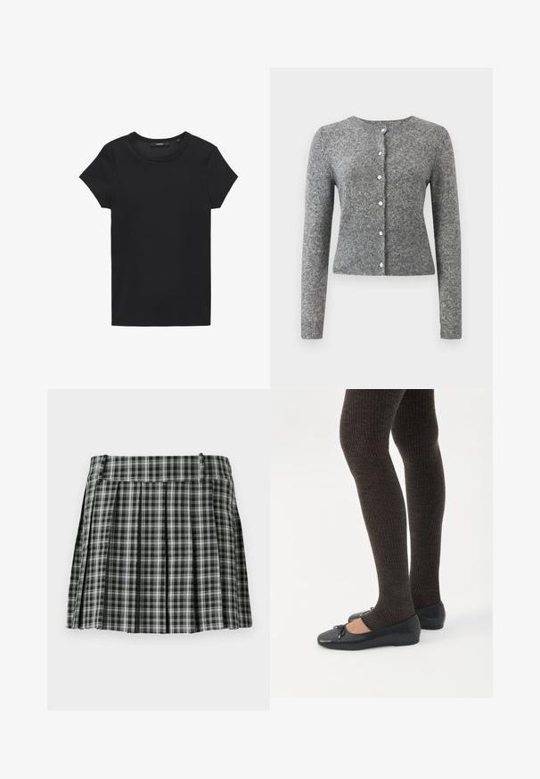 Grijze gebreide cardigan met lange mouwen, ronde halslijn en zes knopenrij. Heeft een geribbelde zoom en textuur door de stof.; Zwarte t-shirt met korte mouwen van ribstof. Heeft een ronde halslijn en een eenvoudige, rechte snit. Minimalistisch ontwerp zonder versieringen.; Zwart-wit geruite geplisseerde rok met een gladde tailleband en meerdere verticale plooien. Gemaakt van lichte stof.; Benen met donkere geribbelde leggings gecombineerd met zwarte ballerina's met kleine strikdetails op een witte achtergrond.