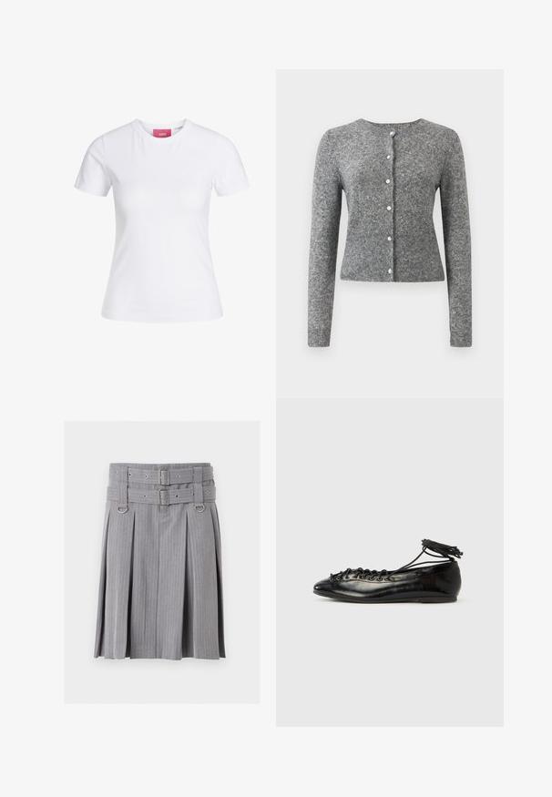 Grå strik cardigan med lange ærmer, rund halsudskæring og seks knapper. Har en ribbet kant og struktur i hele stoffet.; Hvid slimfit t-shirt med korte ærmer og rund halsudskæring med en lyserød JJXX-label indeni kraven, vist mod en ensfarvet baggrund.; Grå plisseret nederdel med striber med dobbelt bælte og sølvspænder, med D-ring detaljer ved taljen.; Sorte balletflade sko i laklæder med rundet tå, snørelukning og flad sål. Glat tekstur med få detaljer.