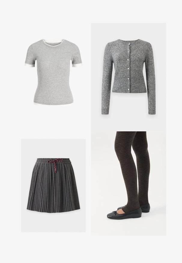 Cárdigan de punto gris con mangas largas, escote redondo y una tapeta de seis botones. Presenta un dobladillo acanalado y textura en toda la tela.; Camiseta de punto gris ajustada de manga corta con ribete blanco en las mangas, el escote y el dobladillo.; Falda plisada gris oscuro con cintura elástica y cordón granate atado en el centro delantero.; Piernas con leggings oscuros acanalados combinados con bailarinas negras que presentan pequeños detalles de lazo sobre un fondo blanco.