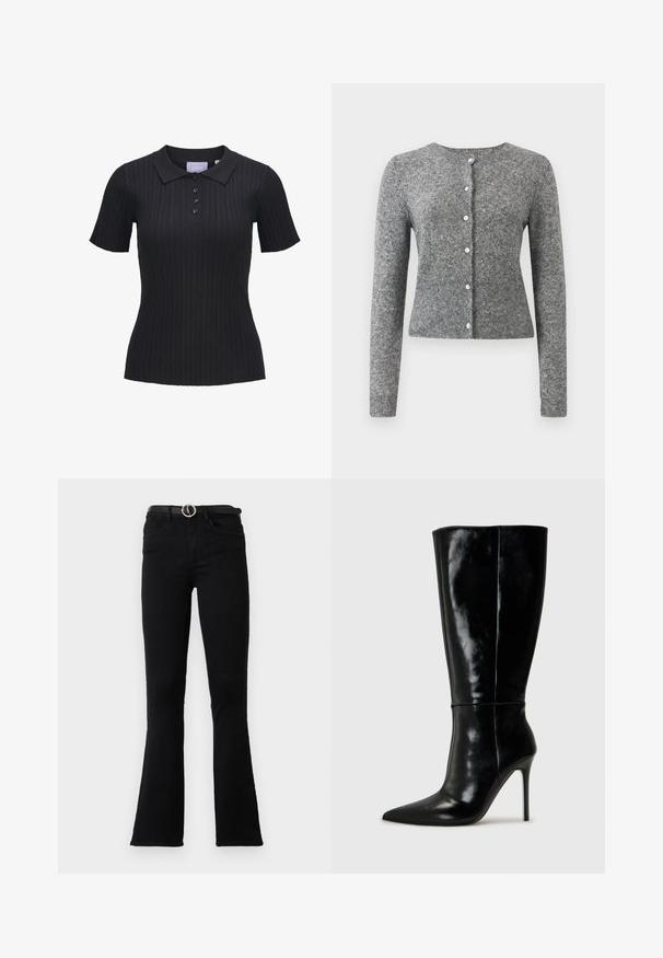 Grauer Strickcardigan mit langen Ärmeln, rundem Ausschnitt und sechs Knopfleisten. Mit einem gerippten Saum und Struktur im gesamten Stoff.; Schwarzes, kurzärmeliges, geripptes Poloshirt mit vier Knöpfen und klassischem Kragen.; Schwarze Jeans aus Denim mit ausgestelltem Bein, einer taillierten Passform, vorderen Taschen und einem Gürtel mit silberner Schnalle. Der Stoff hat eine glatte Textur.; Schwarze Leder-Knielange Stiefel mit spitzem Schuh und hohem Stiletto-Absatz. Glatte Textur und elegantes Design, das sich durch minimale Details auszeichnet.