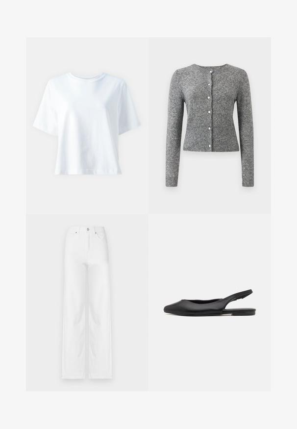 Cárdigan de punto gris con mangas largas, escote redondo y una tapeta de seis botones. Presenta un dobladillo acanalado y textura en toda la tela.; Camiseta de algodón blanca con cuello redondo, mangas cortas, ajuste relajado y textura suave. Sin patrones ni acentos visibles.; Jeans de pierna ancha blancos hechos de denim, con cierre frontal de botón, presillas para cinturón y cuatro bolsillos, con una textura limpia y suave.; Zapato slingback de cuero negro con punta afilada, tacón plano y diseño de corte curvado. Textura suave y estilo minimalista.