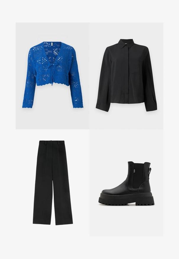 Blå hæklede cardigan med lange ærmer, V-udskæring, båndlukning foran, åben strikket mønster og bølget kant. Let og struktureret design.; Sort skjorte med knapper og en skarp krave, lange ærmer, en enkelt brystlomme og struktureret stof. Har en lige skæring og manchetdetaljer.; Sorte brede bukser med høj talje, der har to frontfald, bæltestropper og en glat tekstur. Ingen lommer eller synligt metal.; Buffalo PLUTO CHELSEA - Plateaustøvletter - black
