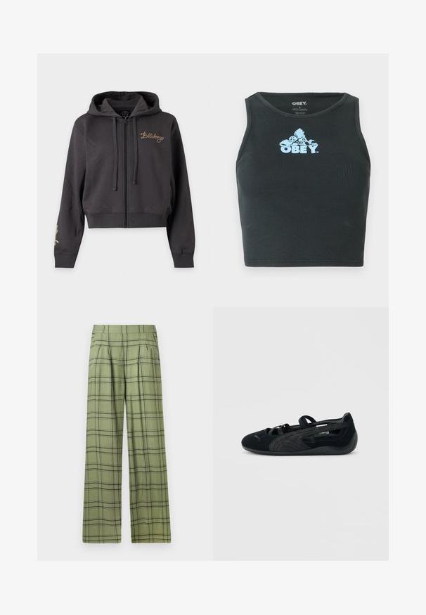 Dunkelgrauer Kapuzenpullover mit Reißverschluss, Kapuze, Kordelzug, gerippten Bündchen und "Billabong" in Gold auf der linken Brust gestickt.; Schwarzes, geripptes Baumwoll-Crop-Top mit einem hellblauen Grafiklogo, das zentral auf der Brust platziert ist. Ärmelloses Design mit einem runden Halsausschnitt.; Grüne weit geschnittene Hose mit schwarzem Karomuster und hohem Bund, vorderen Falten und Seitentaschen.; Schwarzer Ballerina aus Wildleder mit gekreuzten Riemen, strukturiertem Seitendetail und einer niedrigen Gummisohle.
