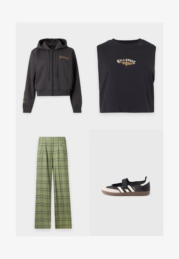 Donkergrijze zip-up hoodie met capuchon, trekkoorden, geribde boorden en "Billabong" geborduurd in goud op de linkerborst.; Zwarte cropped mouwloze top met de tekst "Billabong" en een gele vlamgrafiek in het midden van de borst.; Groene wijde broek met een zwart plaid patroon en een hoge tailleband, voorplooien en zijzakken.; Zwart-beige sneaker met een klittenbandsluiting, drie witte strepen aan de zijkant en een getextureerde bruine rubberen zool. Merkembleem zichtbaar.
