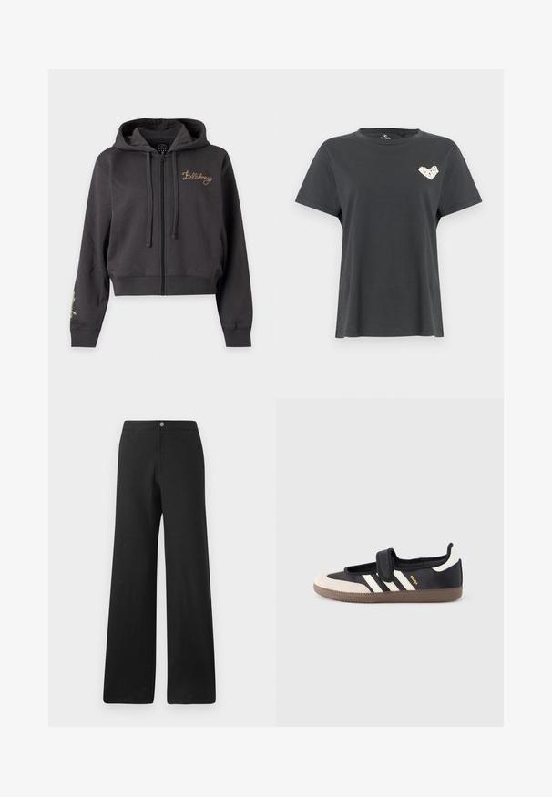 Mørkegrå hættetrøje med lynlås, hætte, snore, ribmanchetter og "Billabong" broderet i guld på venstre bryst.; Sort kortærmet T-shirt med rund hals og lille hvidt hjerteformet motiv på venstre bryst.; Sorte bukser med vid ben lavet af et blødt stof, med knaplukning foran, rene linjer og et minimalistisk design uden mønstre.; Sort og beige sko med velcrolukning, tre hvide striber på siden og en tekstureret brun gummisål. Mærkelogo er synligt.