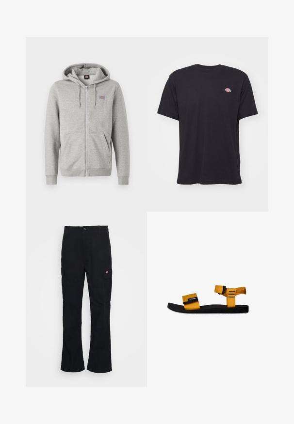 Grå zip-up hættetrøje lavet af blød bomuldsblanding. Har snoretræk i hætten, to forlommer og et lille logo på brystet.; Sort kortærmet t-shirt med rund hals og et lille farverigt Dickies-logo på venstre bryst mod en ensfarvet baggrund.; Sorte cargo bukser med lige ben-design, fremstillet af slidstærkt stof, med sidelommer og et patch-logo på venstre side.; Gul stof sandal med to justerbare remme, sort gummisål, struktureret fodseng og hvid detalje på sålen. Sidevinkel.