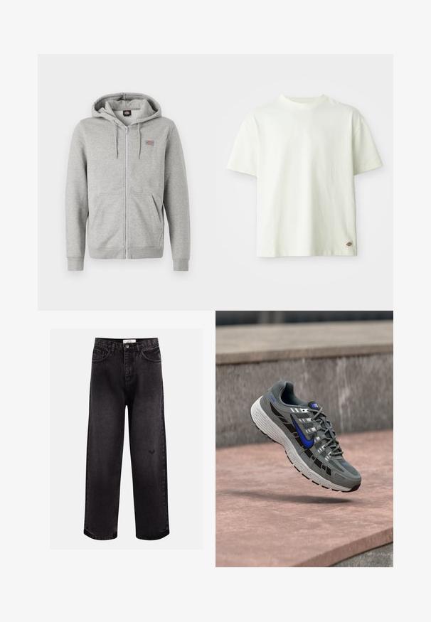 Grijze zip-up hoodie gemaakt van een zachte katoenmix. Heeft een verstelbare capuchon, twee voorzakken en een klein logo op de borst.; Witte katoenen t-shirt met een ronde hals, korte mouwen en een ontspannen pasvorm. Bevat een klein logo label aan de onderkant. Gladde textuur.; Zwarte denim jeans met een wijde pijp, voorzien van vijf zakken, een gestikt tailleband en een subtiele logo-detail bij de knie.; Grijze en zwarte Nike hardloopschoen met blauwe swoosh en witte zool die boven een stenen oppervlak zweeft.