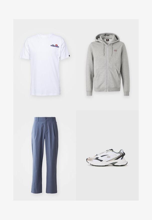 Graue Kapuzenjacke mit Reißverschluss aus einem weichen Baumwollmix. Besitzt eine Kordelzugkapuze, zwei Vordertaschen und ein kleines Logo auf der Brust.; Weißes Baumwoll-T-Shirt mit kurzen Ärmeln, das ein marineblaues gesticktes Logo auf der linken Brust und einen lebhaften Farbakzent über dem Logo präsentiert.; Marineblaue Hose mit Falten, gerader Schnitt, aus leichtem Stoff, mit einem einzigen Frontknopfverschluss und Gürtelschlaufen.; Weißer Sportschuh mit silbernen und schwarzen Akzenten, Obermaterial aus Netzstoff, strukturierte Sohle und ein schlankes Design mit einem Logo an der Seite.