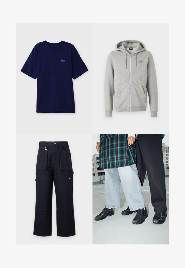 Graue Kapuzenjacke mit Reißverschluss aus einem weichen Baumwollmix. Besitzt eine Kordelzugkapuze, zwei Vordertaschen und ein kleines Logo auf der Brust.; Hemd aus navyblauem Baumwollstoff mit Rundhalsausschnitt, kurzen Ärmeln und einem kleinen rechteckigen Markenetikett in Blau und Weiß auf der linken Brust.; Dunkelblaue, weite Jeans-Arbeitshosen mit großen Front- und Seitentaschen, Knopfverschluss und kleinem Logopatch am Oberschenkel.; Schwarze Sportschuhe mit Mesh- und Gummielementen. Kombiniert mit hellgrauen weiten Jeans und einem karierten grünen Oberteil. Flacher Hintergrund.