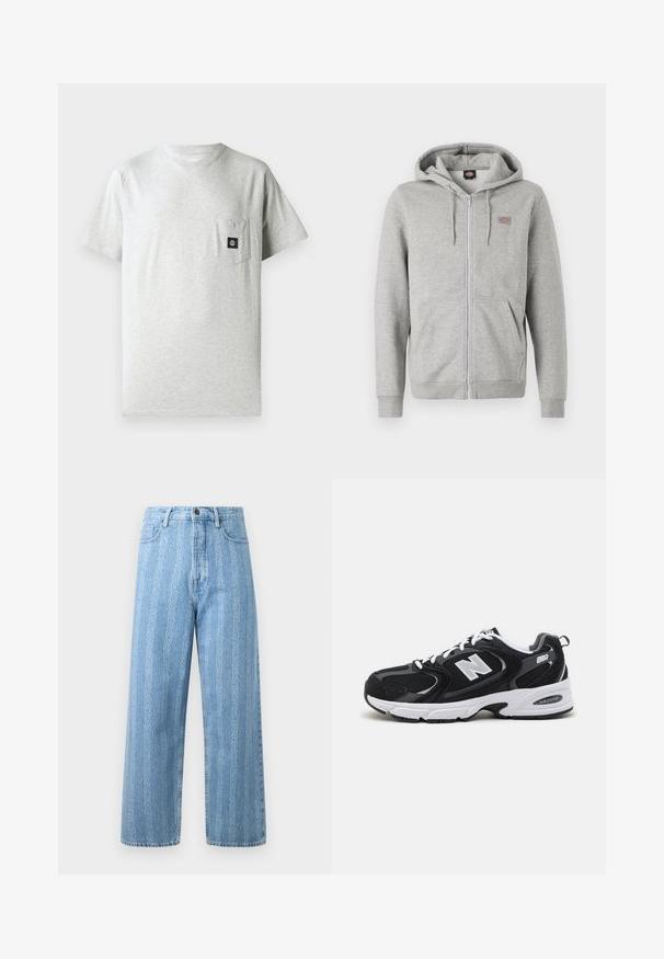 Haut à zip gris fabriqué en doux mélange de coton. Il dispose d'une capuche avec cordon de serrage, de deux poches avant et d'un petit logo sur la poitrine.; T-shirt en coton gris pour homme avec un col rond, des manches courtes et une poche sur la poitrine gauche arborant un petit patch logo noir.; Jean en denim bleu clair avec une coupe large, arborant un motif chaîne répétitif. Style classique à cinq poches avec détails en métal sur le bouton.; Baskets de sport noires et grises avec un tige en mesh et en suède, présentant une semelle intermédiaire blanche, des lacets et un logo "N" audacieux sur le côté.