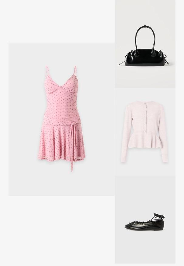 Light pink cardigan with long sleeves, textured bodice, and a peplum hem. Five round buttons at the front add detail. Soft knit material.; Pink sleeveless dress with brown polka dots, V-neckline, fitted waist, and a tie detail on the left side above the flared skirt.; Black patent leather ballet flats with a rounded toe, lace-up design, and a flat sole. Smooth texture with minimal detailing.; Small black glossy handbag with two long handles and side drawstring details on a plain light background.