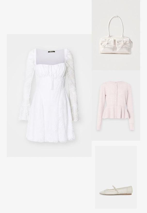 Lyserød cardigan med lange ærmer, tekstureret krop og peplumskørt. Fem runde knapper foran tilføjer detalje. Blødt strikmateriale.; Hvid kjole med tætsiddende overdel, firkantet halsudskæring og lange, gennemsigtige ærmer. Udvidede manchetter, struktureret stof og rynke-detaljer foran.; Off-white flad sko med spids tå, perlebesat rem og lav træhæl, sidevisning på lys baggrund.; Hvid syntetisk håndtaske med to forlommer, hver med en bundet sløjfedetalje. Glat tekstur, afrundede håndtag og lynlås lukning.