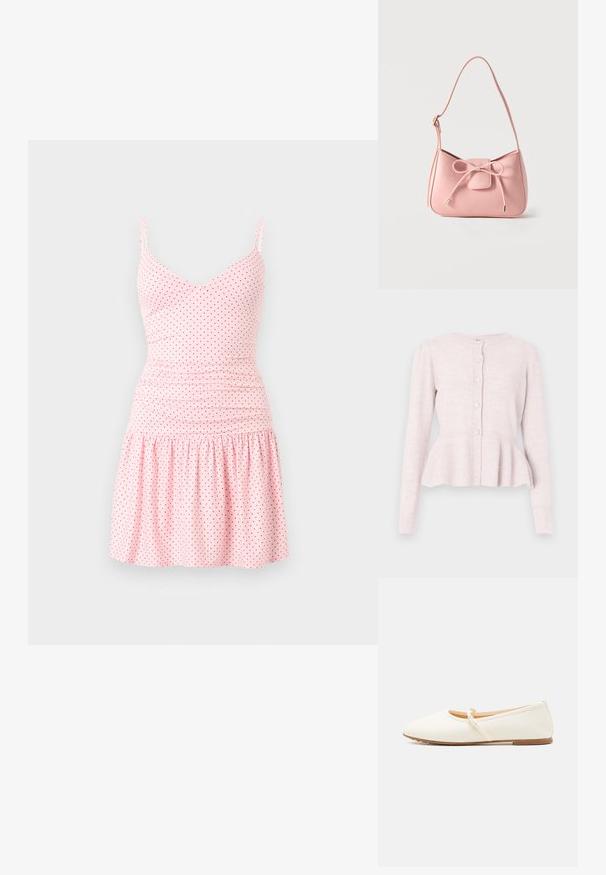 Light pink cardigan with long sleeves, textured bodice, and a peplum hem. Five round buttons at the front add detail. Soft knit material.; Light pink sleeveless dress with thin straps and small black polka dots, featuring a fitted waist and gathered skirt.; Cream ballet flats with a smooth exterior, round toe, a thin ankle strap, and a flat sole. Simple design with no additional embellishments.; Small pastel pink shoulder bag with adjustable strap and front bow detail with gold-tipped ends on a plain background.