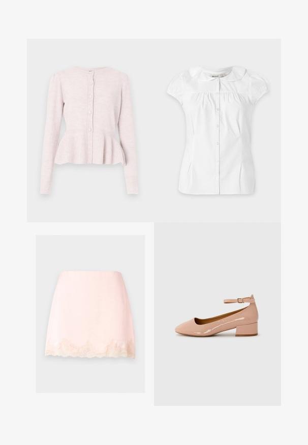 Cárdigan rosa claro con mangas largas, cuerpo texturizado y bajo con vuelo. Cinco botones redondos al frente añaden detalle. Material de punto suave.; Blusa blanca de manga corta con cuello redondeado tipo Peter Pan, botones en la parte delantera, ligeras fruncidos bajo el escote y discretas tablas laterales.; Minifalda rosa claro con ribete de encaje con borde festoneado en el dobladillo, tela lisa y diseño limpio y sencillo sobre un fondo liso.; Zapatilla plana de charol rosa con punta redondeada, tira al tobillo y tacón bajo. Textura suave y diseño minimalista.