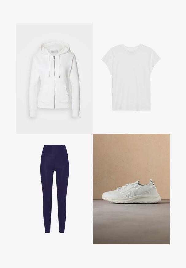 Witte zip-up hoodie met een zachte textuur, een capuchon met trekkoorden, twee voorzakken en ribgebreide manchetten. Eenvoudig ontwerp met strakke lijnen en zonder patronen.; Witte t-shirt met korte mouwen, ronde hals, relaxte pasvorm, gemaakt van zacht katoen. Glad textuur, geen patronen of logo's.; Navy blauwe leggings met een hoge tailleband, gemaakt van een gladde, rekbare stof. Het ontwerp heeft een aansluitende pasvorm zonder patronen.; Witte gebreide sneaker met veters zwevend boven een beige geweven tapijt, houten salontafel met gestapelde boeken op een lichte vloer op de achtergrond.