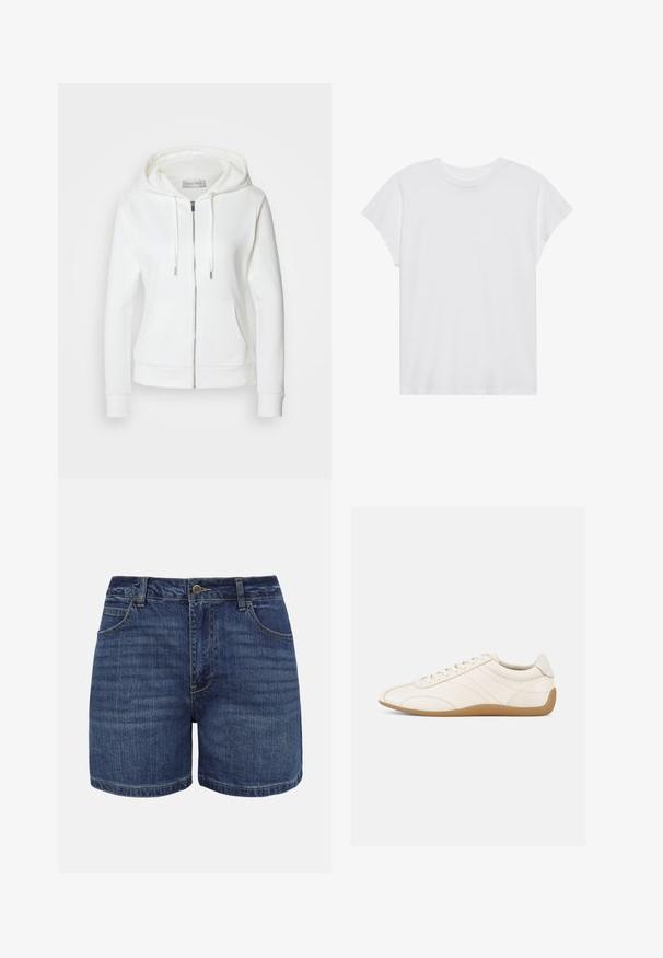 Veste à capuche blanche zippée avec une texture douce, capuche avec cordon de serrage, deux poches avant et poignets côtelés. Design simple avec des lignes épurées et sans motifs.; T-shirt blanc à manches courtes, col rond, coupe décontractée, en tissu de coton doux. Texture lisse, sans motifs ni logos.; Shorts en denim bleu foncé avec bouton frontal, fermeture éclair, passants pour ceinture et poches avant, présentés sur un fond blanc.; Baskets en cuir blanc à texture lisse, bout arrondi et coutures ton sur ton. Elles comportent une semelle en caoutchouc beige et une fermeture à lacets.