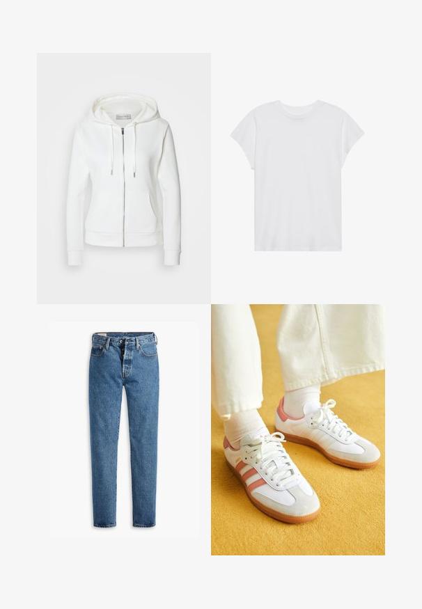 Witte zip-up hoodie met een zachte textuur, een capuchon met trekkoorden, twee voorzakken en ribgebreide manchetten. Eenvoudig ontwerp met strakke lijnen en zonder patronen.; Witte t-shirt met korte mouwen, ronde hals, relaxte pasvorm, gemaakt van zacht katoen. Glad textuur, geen patronen of logo's.; Lichtblauwe spijkerbroek met een rechte snit, vijf zakken en een standaard knoopsluiting. Heeft oranje stiksels en een licht vervaagde textuur.; Witte sportschoenen met roze accenten, gemaakt van suede en leer, met een ronde neus en een rubberen zool, weergegeven met lichtgekleurde sokken op een gele achtergrond.