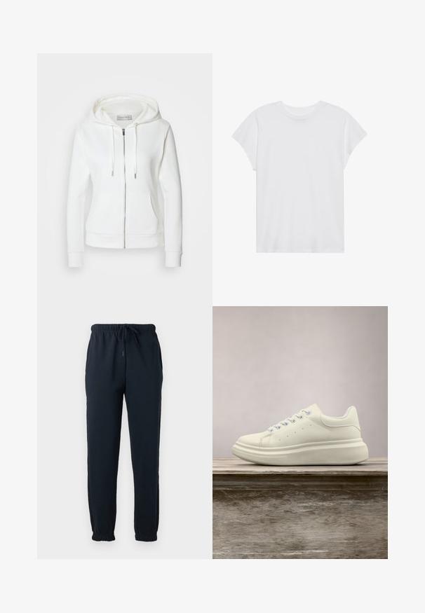 Veste à capuche blanche zippée avec une texture douce, capuche avec cordon de serrage, deux poches avant et poignets côtelés. Design simple avec des lignes épurées et sans motifs.; T-shirt blanc à manches courtes, col rond, coupe décontractée, en tissu de coton doux. Texture lisse, sans motifs ni logos.; Pantalon de survêtement noir avec taille élastique, cordon, poches latérales et poignets élastiques aux chevilles.; Baskets en cuir blanc avec un bout rond, une texture lisse et des lacets contrastants. Dotées de trous de ventilation et d'une semelle en caoutchouc épaisse pour le confort.