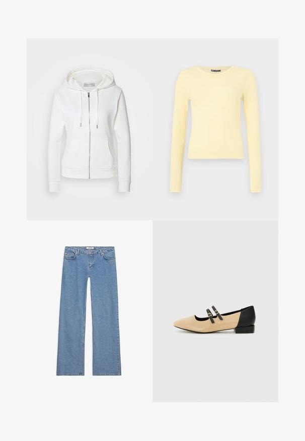 Witte zip-up hoodie met een zachte textuur, een capuchon met trekkoorden, twee voorzakken en ribgebreide manchetten. Eenvoudig ontwerp met strakke lijnen en zonder patronen.; Lichtgeel geribbeld shirt met lange mouwen, een ronde halslijn en een licht ingekorte zoom, op een effen achtergrond.; Lichtblauwe wijde spijkerbroek van denim, met een vijf-pocket ontwerp, knoopsluiting en gestikte details langs de naden en zoom.; Beige leren platte schoen met een spitse neus, een zwarte hak en twee zwarte banden over de bovenkant. Eenvoudig ontwerp met een matte textuur.