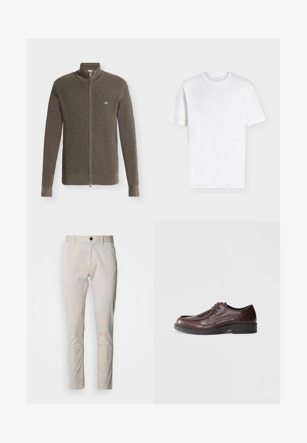 Cardigan marron tricoté à manches longues avec fermeture éclair, col montant et petit logo brodé sur le côté gauche de la poitrine.; T-shirt blanc uni à manches courtes et col rond avec un logo embossé subtil sur la partie supérieure gauche de la poitrine, présenté sur fond blanc.; Pantalon beige, coupe slim, fabriqué en tissu de coton ; doté d'une poche avant, d'une fermeture par bouton et de détails plats sur la ceinture.; Chaussure habillée en cuir marron avec un bout arrondi, des accents de couture minimum, et une semelle noire robuste. Présente un système de laçage et une texture lisse.