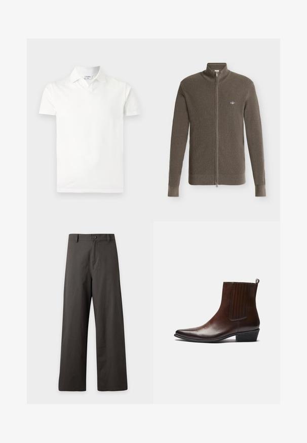 Cardigan marron tricoté à manches longues avec fermeture éclair, col montant et petit logo brodé sur le côté gauche de la poitrine.; Polo blanc à manches courtes avec col et une petite étiquette à l'intérieur du col indiquant « FILIPPA K », présenté sur un fond clair uni.; Pantalon gris foncé à jambes larges avec fermeture par bouton et zip, passants pour ceinture, sans poches visibles.; Bottine en cuir marron avec un bout pointu, des panneaux latéraux élastiques, des détails texturés sur le devant et un petit talon empilé.