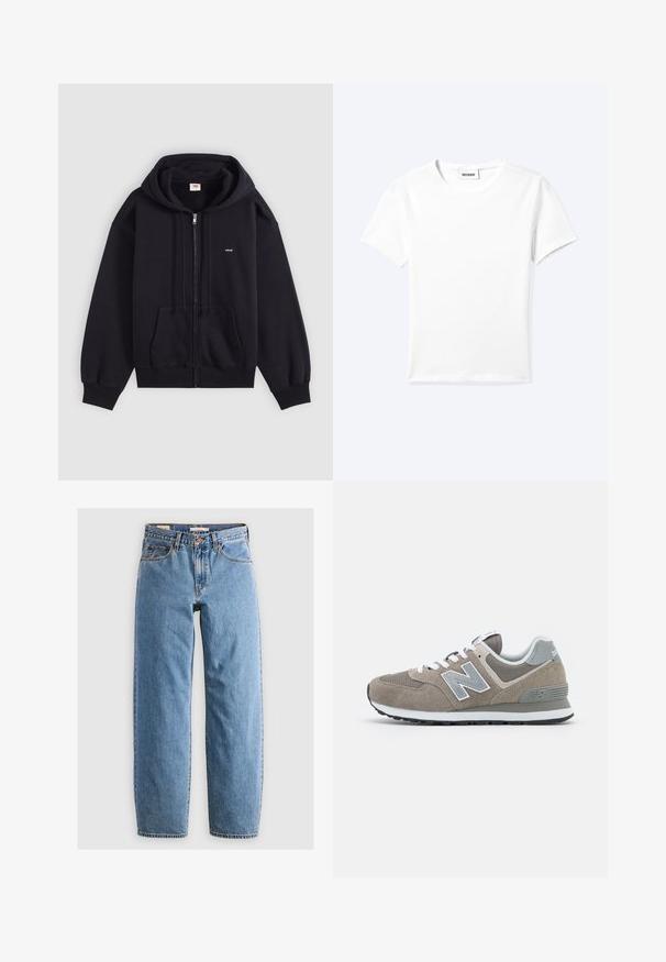 Sort lynlåshættetrøje med forlommer, snøretræk i hætten og lille hvidt "Levi's" logo på brystet, vist på en ensartet lys baggrund.; Ensfarvet hvid t-shirt med korte ærmer og rund halsudskæring med en lille "WEEKDAY" label indeni halskanten, vist fladt på en lys baggrund.; Lysblå denim jeans med lige ben-design, fem lommer, lynlås og en subtil falmet tekstur. Klassisk stil med minimal hardware.; Brune ruskind sko med grå meshenheder, hvide snørebånd og et gråt 'N'-logo. Gummisåler med et let mønster for bedre greb.