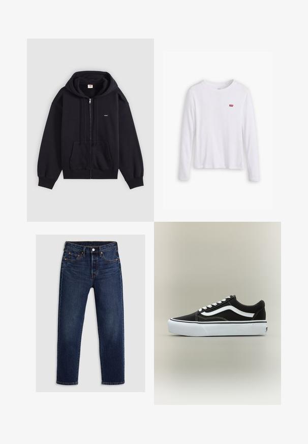 Schwarzer Kapuzenpullover mit Reißverschluss, Fronttaschen, Kordelzug an der Kapuze und kleinem weißen "Levi's" Logo auf der Brust, dargestellt vor einem schlichten hellen Hintergrund.; Weißes Langarmhemd aus weicher Baumwolle. Mit kleinem rotem Levi's-Logo auf der linken Brust. Klassisches Rundhals-Design.; Dunkelblaue Jeans aus Denim mit geradem Bein-Design. Verfügt über einen Reißverschluss mit Knopfverschluss, fünf Taschen und kontrastierende Nähte.; Niedriger schwarzer Sneaker mit weißem Seitenstreifen, weißen Schnürsenkeln, weißer Gummisohle und strukturierter Zehenkappe auf neutralem Hintergrund.