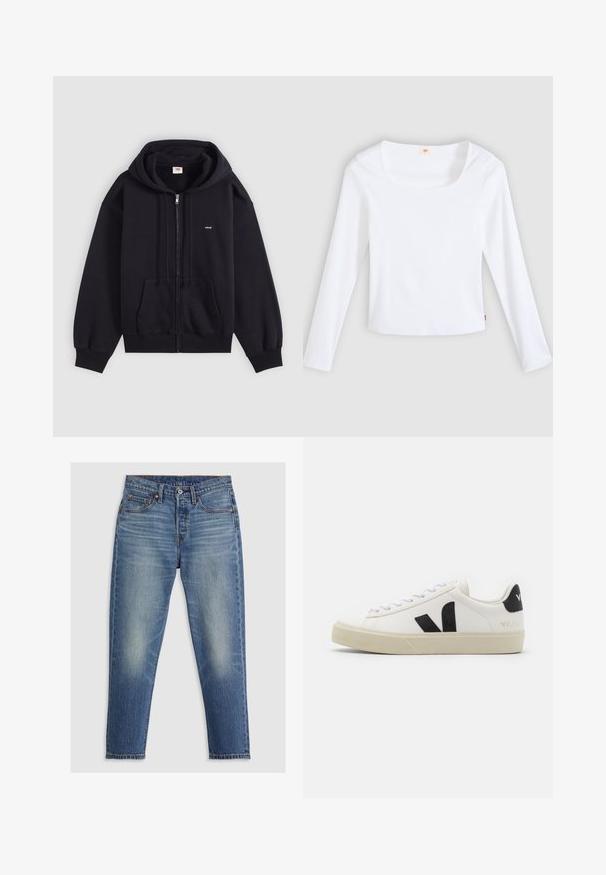 Čierna mikina na zips s prednými vreckami, kapucňou so šnúrkou a malým bielym logom "Levi's" na hrudi, zobrazená na jednoduchom svetlom pozadí.; Biele tričko s dlhým rukávom z rebrovanej látky, s hranatým výstrihom a priliehavým strihom, s malou štítkovou značkou na boku.; Svetlomodré džíny s rovnými nohavicami, piatimi vreckami, gombíkovým zapínaním a jemným vyblednutím na stehnách. Viditeľné kontrastné švy.; Biele kožené tenisky s čiernym gumovým logom V. Textúrovaná svetlo krémová podrážka, biele šnúrky a detail na zadnej päte s názvom značky v čiernej farbe.