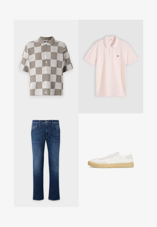 Kurzarmhemd mit Knöpfen und einem Schachbrettmuster in Braun und Weiß. Hergestellt aus strukturiertem Strickstoff mit einem Kragen.; Hellrosa kurzärmeliges Poloshirt mit weißem Kragenbesatz, drei Knöpfen und kleinem rotem Levi's-Logo auf der linken Brustseite.; Dunkelblaue Straight-Leg-Jeans mit vorderem Knopf, Reißverschluss und Fünf-Taschen-Design.; Weiße Sneaker aus Leder und Wildleder, mit einem Schnürdesign, einer hellbraunen Gummisohle und einem kleinen Logo an der Seite.