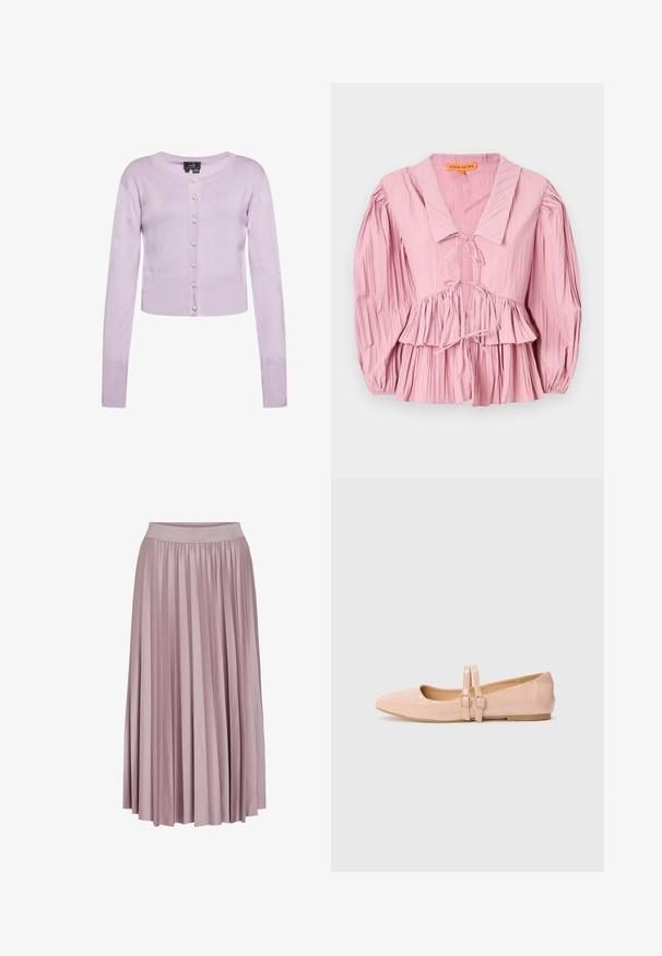 Lyse lilla kort cardigan i blødt strikstof med lange ærmer, rund halsudskæring og dekorative knapdetaljer ned foran.; Stine Goya PLEATED BALLOON SLEEVE TIE - Bluse - pink nectar; Plisseret lang nederdel i blødt lyserødt stof med elastisk talje. Den glatte tekstur og det svungne design fremhæver dens samlede form.; Sart rosa patentlæder balletflade med spids tå, der har to justerbare remme og en lav, flad gummisål.
