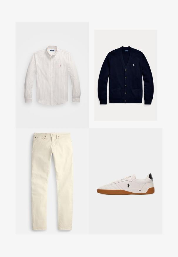 Marineblå strikket cardigan med V-hals, knaplukning foran, to forlommer og et lille hvidt logo på brystet. Blød tekstur og afslappet pasform.; Hvid skjorte med knapper og fine lodrette striber i lys beige. Har en klassisk krave, lange ærmer og et lille broderet logo på brystet.; Lysebeige bukser med lige ben lavet af et struktureret stof. Har fem lommer og brune metaldele. Ingen synlige mønstre eller accenter.; Hvid lav sneakers med brun gummisål, sort Polo Ralph Lauren-logo på siden og "RL" tekst på hælområdet.