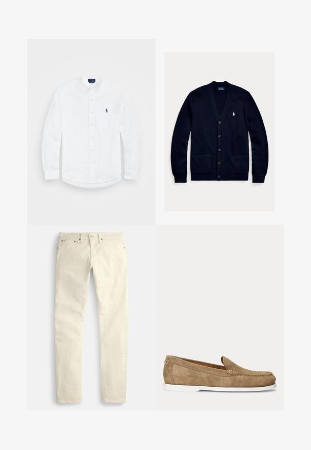 Navyblauwe gebreide cardigan met een V-hals, knopen aan de voorkant, twee voorzakken en een klein wit logo op de borst. Zachte textuur en comfortabele pasvorm.; Witte lange mouwen shirt met een bandkraag, knoopsluiting aan de voorkant en een blauw logo aan de linkerkant. Gemaakt van soepel katoen.; Lichtbeige rechte broek van een gestructureerde stof. Voorzien van vijf zakken en bruine metalen accenten. Geen zichtbare patronen of versieringen.; Lichtbruine suède mocassinstijl loafer met witte zool en zichtbare stiksels langs de neus en zijkanten, zijaanzicht.