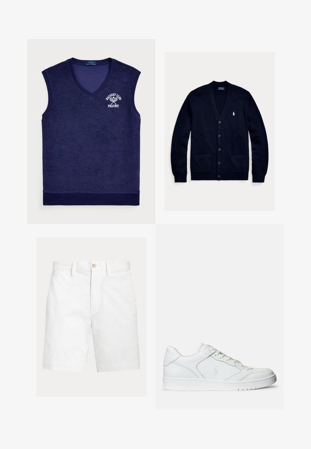Dunkelblaues Strickcardigan mit V-Ausschnitt, Knopfleiste, zwei Fronttaschen und kleinem weißen Logo auf der Brust. Weiche Textur und lässige Passform.; Seegrüne ärmellose Poloshirt aus Frottee-Material; verfügt über einen V-Ausschnitt, gerippten Kragen und ein weißes Logo mit Tennisschlägern.; Weiße kniehohe Shorts mit Gürtelschlaufen und braunem Knopfverschluss an der Taille, auf schlichtem Hintergrund dargestellt.; Weißer Ledersneaker mit glatter Textur, ausgestattet mit einer perforierten Zehenpartie, Schnürverschluss und gesticktem Logo an der Seite. Weiße Gummisohle.