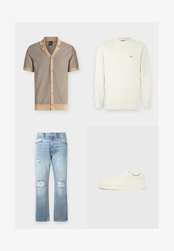 Beige en bruin gebreid shirt met korte mouwen en een geometrisch patroon, knoopsluiting aan de voorkant en contrasterende kraag en manchetten.; Lichtbeige lange mouw t-shirt van katoen. Heeft een ronde halslijn en een klein geborduurd logo op de borst. Soepele textuur.; Lichtblauwe denim jeans met versleten scheuren op beide knieën en een klein scheurtje op de bovenkant van de linker dij, klassieke vijf-pocketstijl.; Witte leren sneaker met lage schacht, veterluiting en platte zool, zijaanzicht, op een effen lichtgrijze achtergrond.