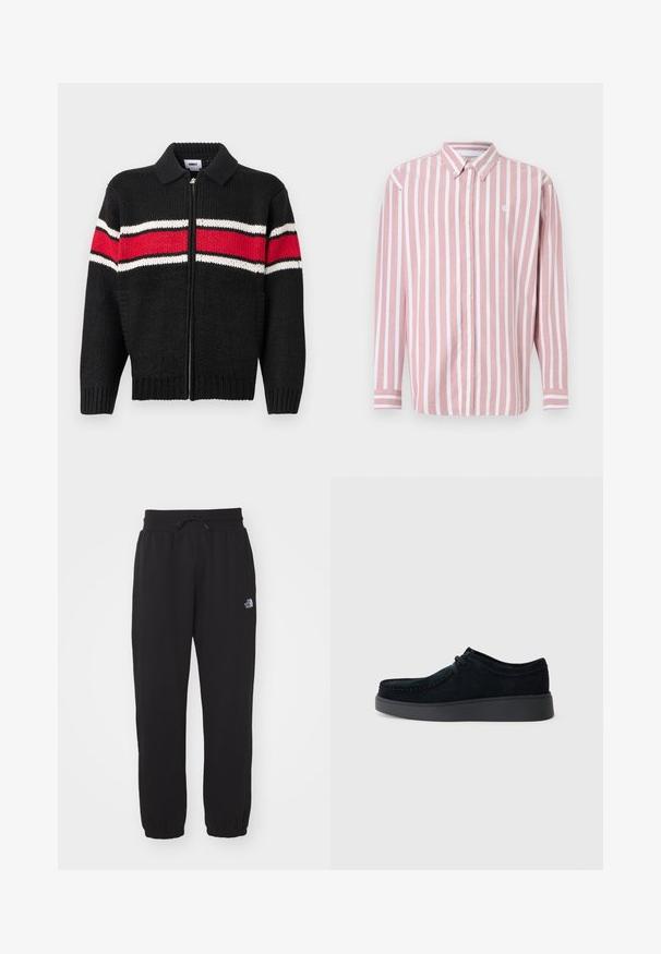 Sort strikket cardigan med lynlås foran, der har røde og hvide stribede detaljer over brystet og ærmerne samt en krave.; Stribet skjorte med knapper i pink og hvid. Har krave, lange ærmer og et lille logo. Fremstillet af vævet stof.; Sorte sweatpants lavet af blødt stof, med en elastisk talje med snor, manchetter ved anklerne og et lille logo på det øverste lår.; Sorte ruskindsko med lav profil, rund tå, diskret syning og gummisål. Har snørebåndslukning og minimalistisk design.