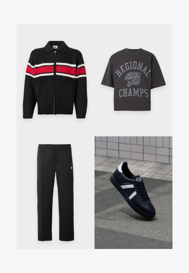Cárdigan negro de punto con cremallera frontal, con detalles a rayas rojas y blancas en el pecho y las mangas, y un cuello con solapa.; Camiseta negra de manga corta con cuello redondo, con un gráfico de un tigre rugiente y texto gris "REGIONAL CHAMPS" en la parte delantera.; Pantalones negros de tela suave, con cierre de botón, bolsillos laterales y un pequeño logotipo en la parte frontal. Diseño de pierna recta.; Zapatilla de cuero negra con rayas blancas, suela de goma texturizada y parte frontal con cordones. Cuenta con una etiqueta de marca en la lengüeta.